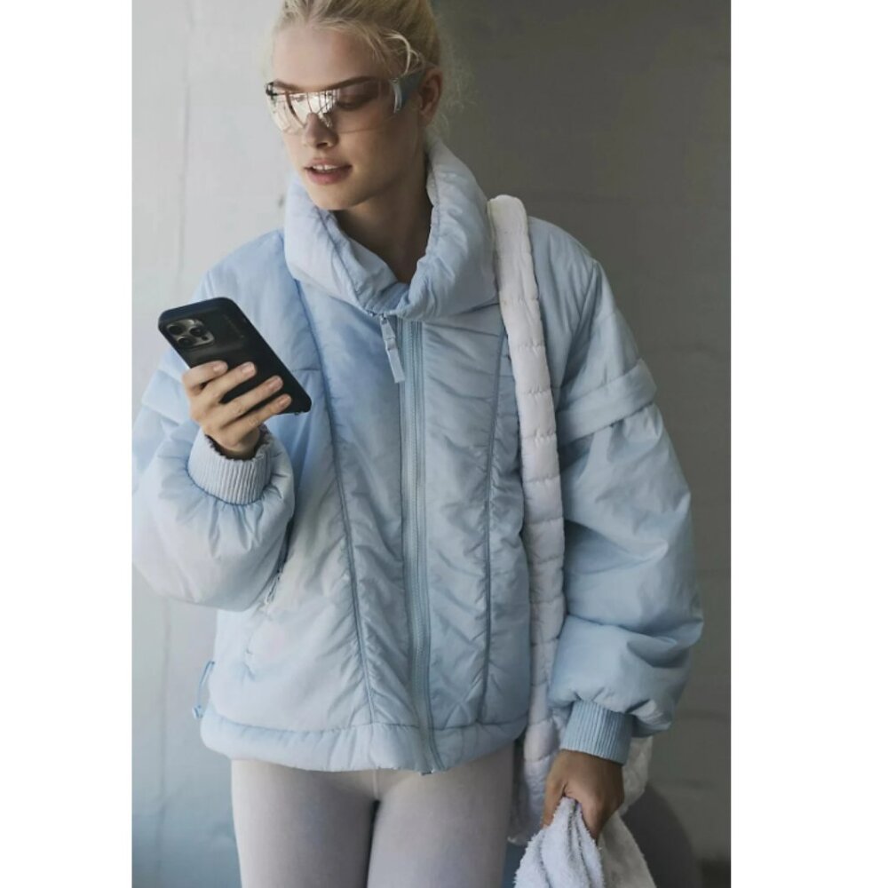 Free People Penelope Blue Gray Packable Puffer Winter Jacket Size‎ S - NEW